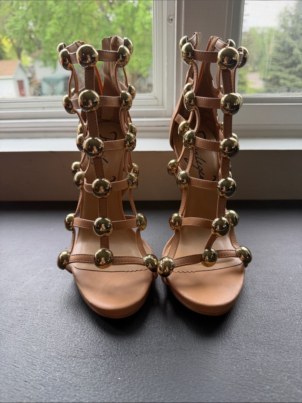 Privileged Tan Gladiator High Heels with Gold Orb Studs